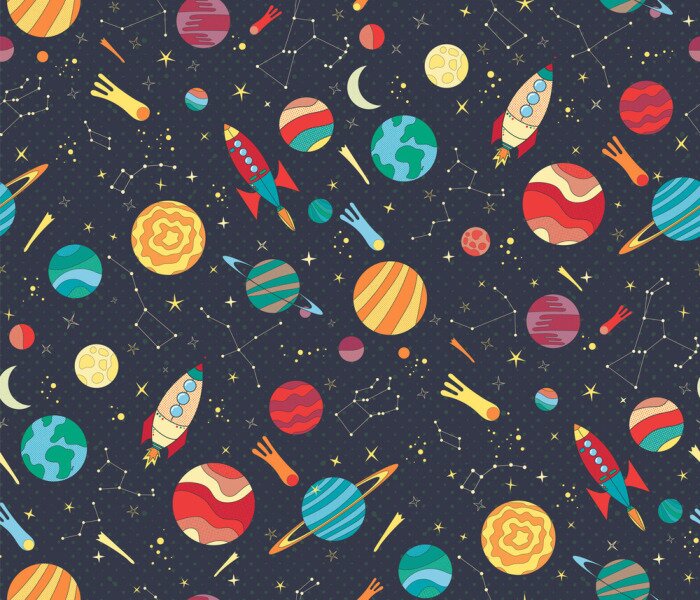 Tapete Seamless vector pattern with colorful hand drawn spaceships, planets and stars. Astronomy themed pattern for wallpaper, textiles, kids prints. Schools and science design.
