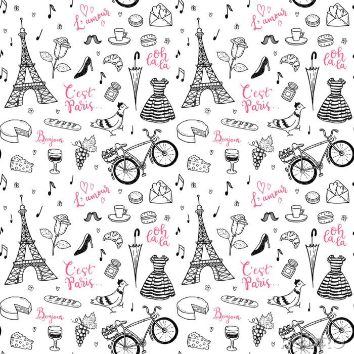 Tapete Seamless vector pattern with hand drawn Paris, France symbols doodles.