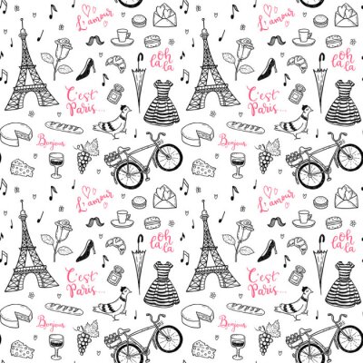 Tapete Seamless vector pattern with hand drawn Paris, France symbols doodles.
