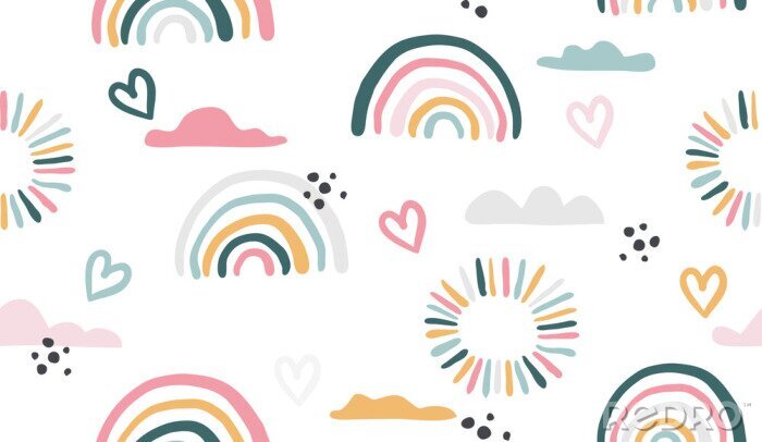 Tapete Seamless vector pattern with hand drawn rainbows and sun.