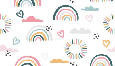 Tapete Seamless vector pattern with hand drawn rainbows and sun.