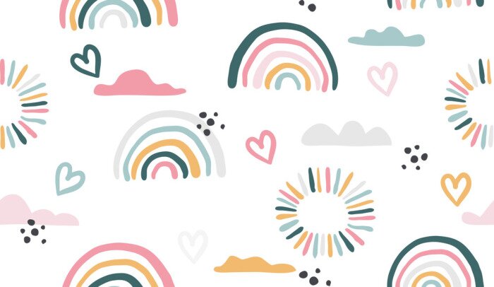 Tapete Seamless vector pattern with hand drawn rainbows and sun.