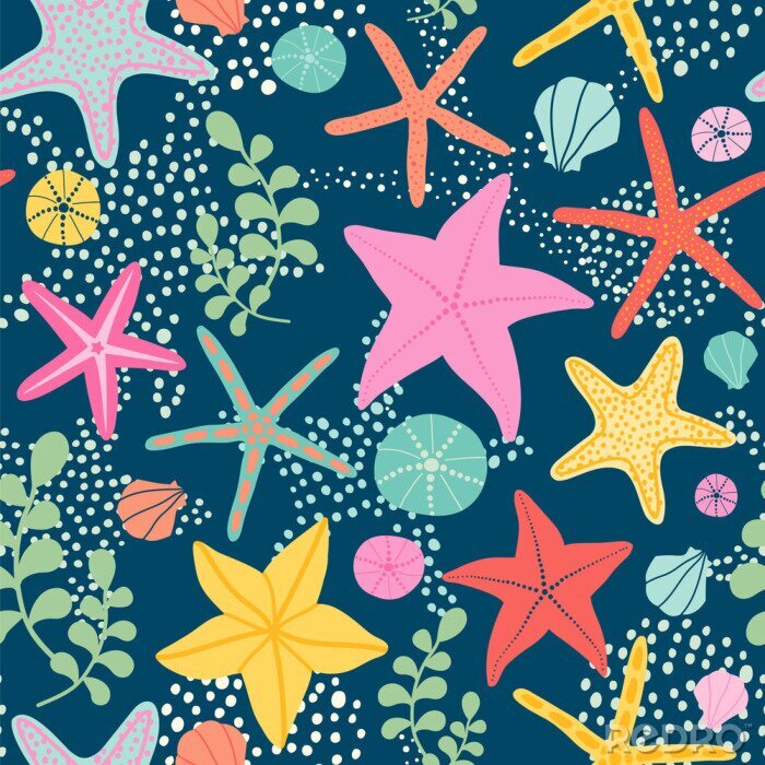 Tapete Seamless vector pattern with starfish on the dark background. 