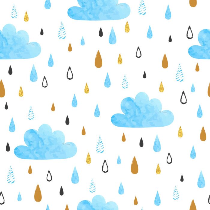 Tapete Seamless vector pattern with watercolor clouds and rain drops.
