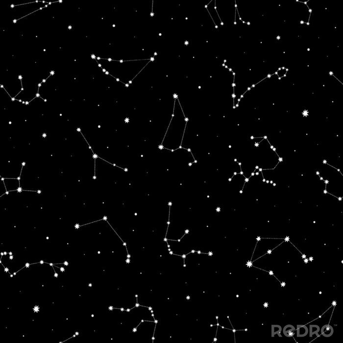 Tapete Seamless vector pattern with white zodiacal constellations on black background. Zodiac signs. Space background.