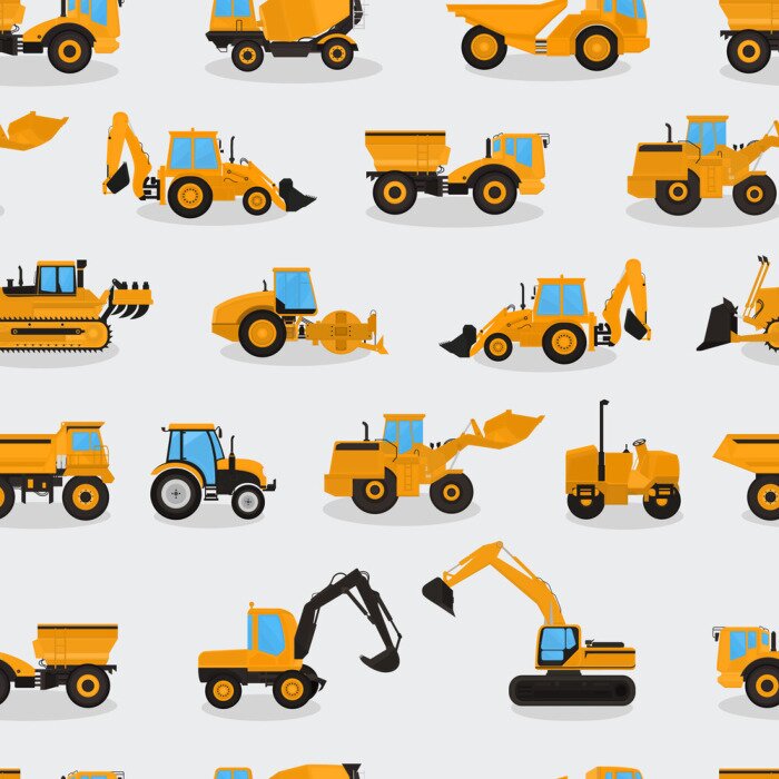 Tapete Seamless vector pattern with work machines and equipment on a light background.