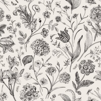 Tapete Seamless vector vintage floral pattern. Classic illustration. Black and white..