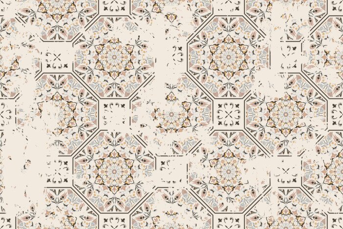 Tapete Seamless vintage pattern with an effect of attrition. Patchwork carpet. Hand drawn seamless abstract pattern from tiles. Azulejos tiles patchwork. Portuguese and Spain decor.