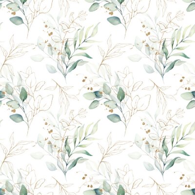 Tapete Seamless watercolor floral pattern - green & gold leaves, branches composition on white background, perfect for wrappers, wallpapers, postcards, greeting cards, wedding invitations, romantic events.