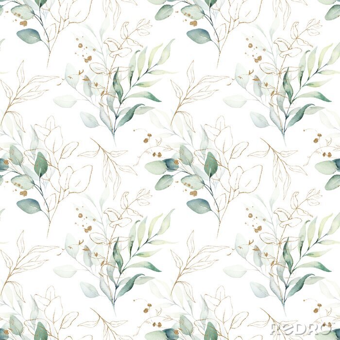 Tapete Seamless watercolor floral pattern - green & gold leaves, branches composition on white background, perfect for wrappers, wallpapers, postcards, greeting cards, wedding invitations, romantic events.