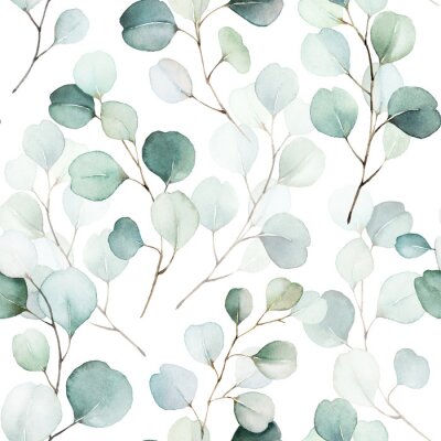 Fototapete Seamless watercolor floral pattern - green leaves and branches composition on white background, perfect for wrappers, wallpapers, postcards, greeting cards, wedding invitations, romantic events.