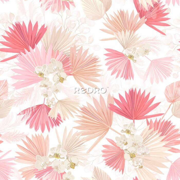 Tapete Seamless watercolor tropic floral pattern, pastel dry palm leaves, boho tropical flower, orchid