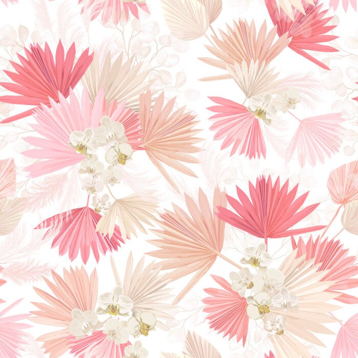 Tapete Seamless watercolor tropic floral pattern, pastel dry palm leaves, boho tropical flower, orchid