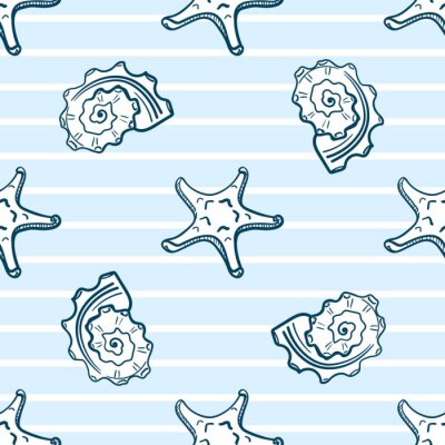 Tapete Seesterne und Muscheln auf gestreiftem Hintergrund