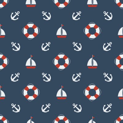 Tapete Segelbootanker und Rettungsring auf marineblauem Hintergrund