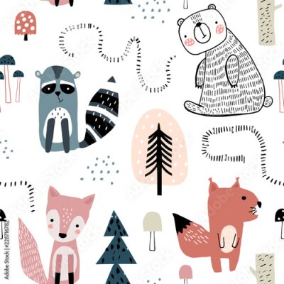 Tapete Semless woodland pattern with cute characters and hand drawn elements. Scandinaviann style childish texture for fabric, textile, apparel, nursery decoration. Vector illustration
