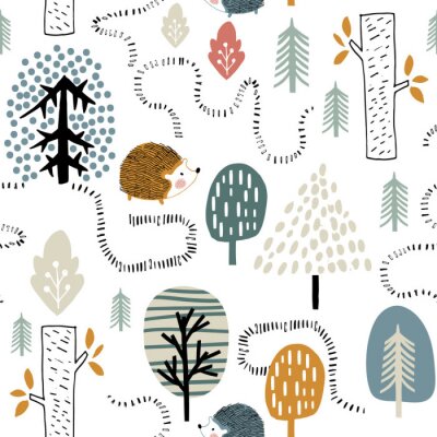Tapete Semless woodland pattern with hedgehogs. Scandinaviann style childish texture for fabric, textile, apparel, nursery decoration. Vector illustration