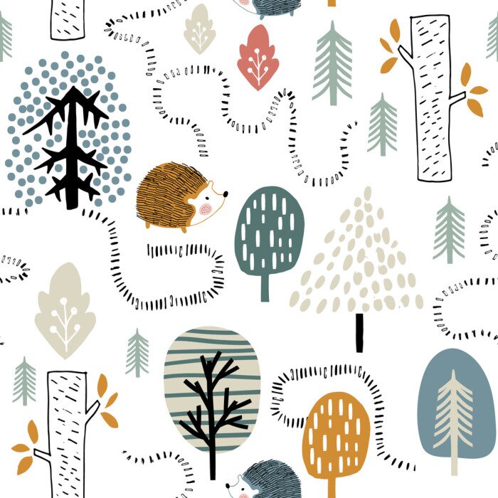 Tapete Semless woodland pattern with hedgehogs. Scandinaviann style childish texture for fabric, textile, apparel, nursery decoration. Vector illustration