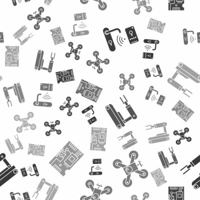 Tapete Set Digital door lock with wireless technology for unlock, Drone flying with action camera, Robot and Electronic computer components motherboard digital chip on seamless pattern. Vector