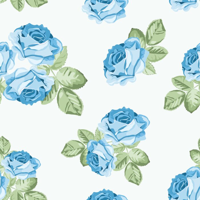 Tapete Shabby Chic blaue Blumen mit Blättern