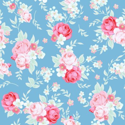 Tapete Shabby Chic-Blumen auf blauem Hintergrund