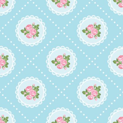 Tapete Shabby Chic Blumen und Spitze auf blauem Grund