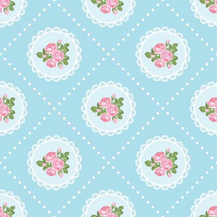 Tapete Shabby Chic Blumen und Spitze auf blauem Grund