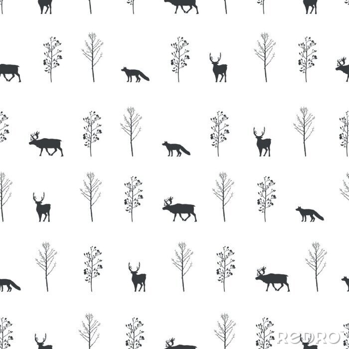Tapete Silhouetten von Füchsen Rehen und Hirschen auf weißem Hintergrund