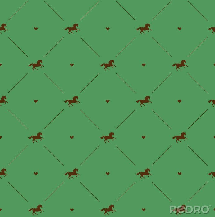 Tapete Silhouetten von Pferden und Herzen auf grünem Hintergrund