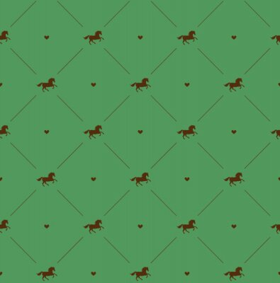 Tapete Silhouetten von Pferden und Herzen auf grünem Hintergrund