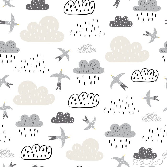 Tapete Simple seamless pattern with raining clouds and flying birds. Baby shower clouds, sky seamless pattern texture. - Vector