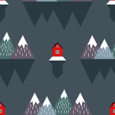 Tapete Skandinavische Berge und rote Häuser