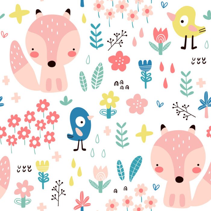 Tapete Skandinavische Pflanzen und Tiere auf weißem Hintergrund