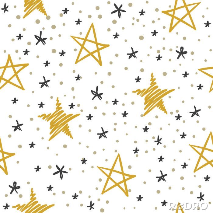 Tapete Sketch star seamless pattern. Starry sky with golden and black stars. Christmas and winter holidays vector doodle texture