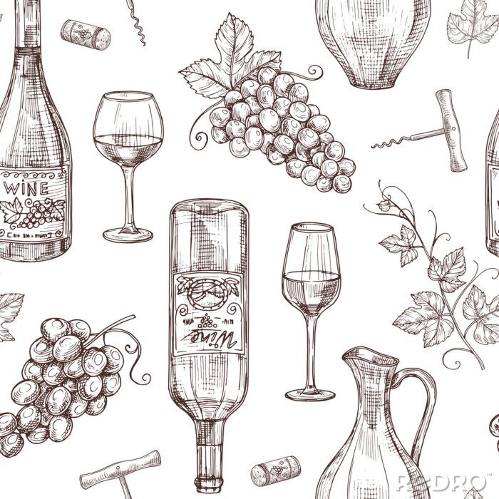 Tapete Sketch wine seamless pattern. Wine bottles wineglass corkscrew and grape. Winery, restaurant vector menu texture. Illustration of alcohol drink wine, sketch pattern with bottle