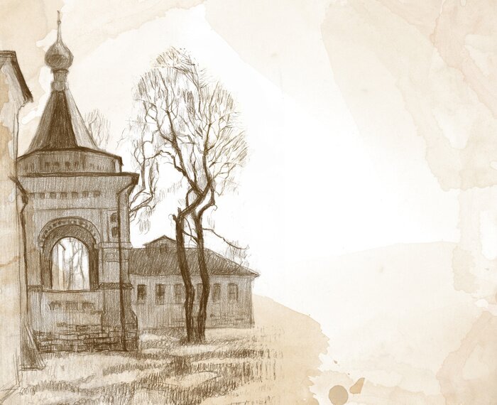 Tapete Skizze einer Kirche am Stadtrand