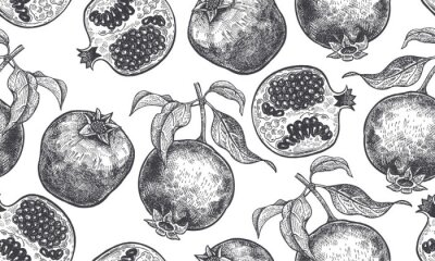 Tapete Skizzierte Granatapfelfrucht mit Blättern