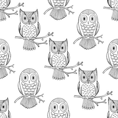 Tapete Skizzierte schwarze und weiße Eulen
