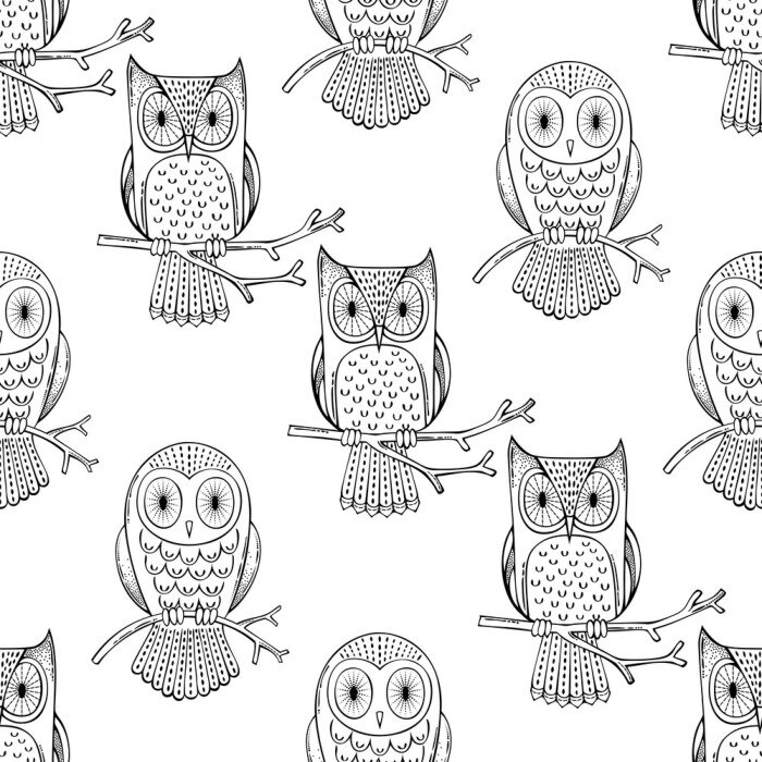 Tapete Skizzierte schwarze und weiße Eulen