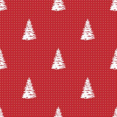 Tapete Skizzierte weiße Weihnachtsbäume auf rotem Grund