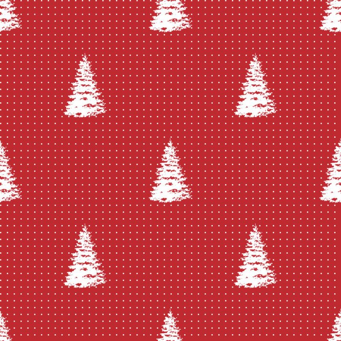 Tapete Skizzierte weiße Weihnachtsbäume auf rotem Grund