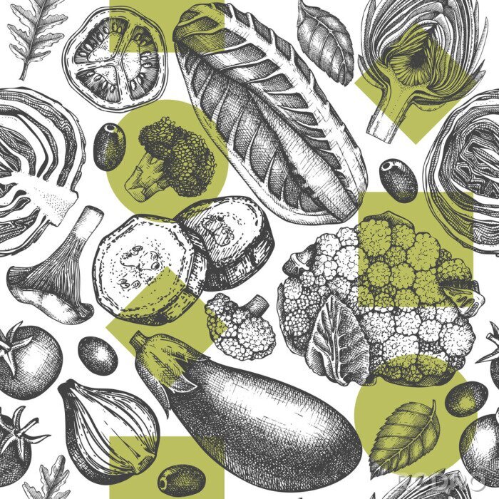 Tapete Skizziertes Gemüse auf einem Hintergrund in geometrischen Formen