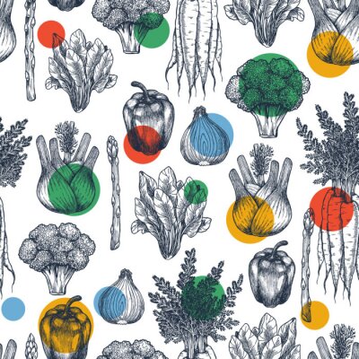 Tapete Skizziertes Gemüse und farbige Punkte