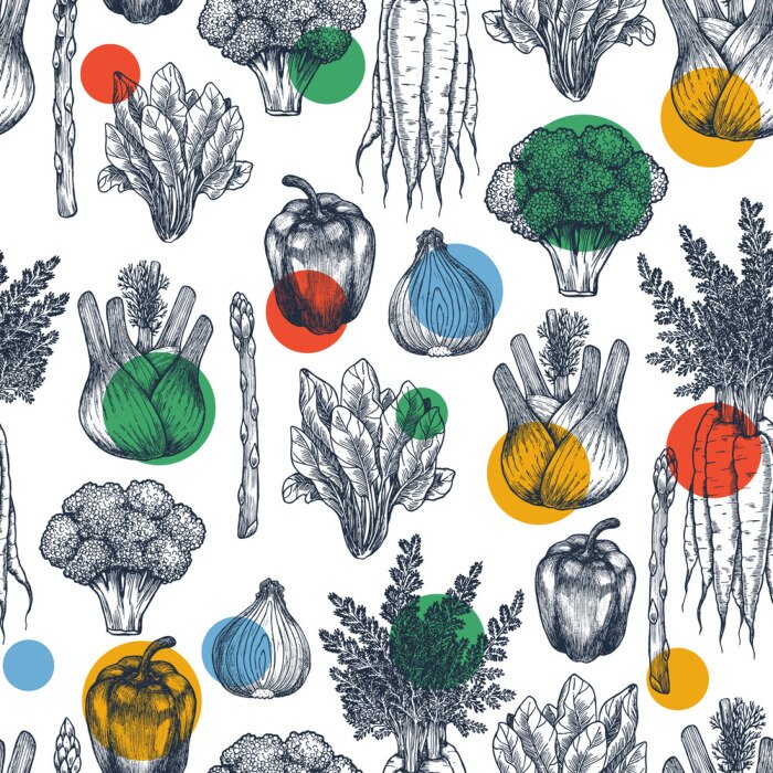Tapete Skizziertes Gemüse und farbige Punkte