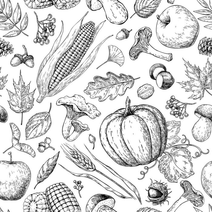 Tapete Skizziertes Schwarz-Weiß-Gemüse