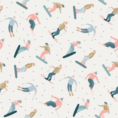 Tapete Snowboarder und Skifahrer fahren im Skigebiet. Die Menschen im Winter beschäftigen sich aktiv mit Erholung. Schnee, Weihnachtsbäume, Berg, Skifahren am Wochenende