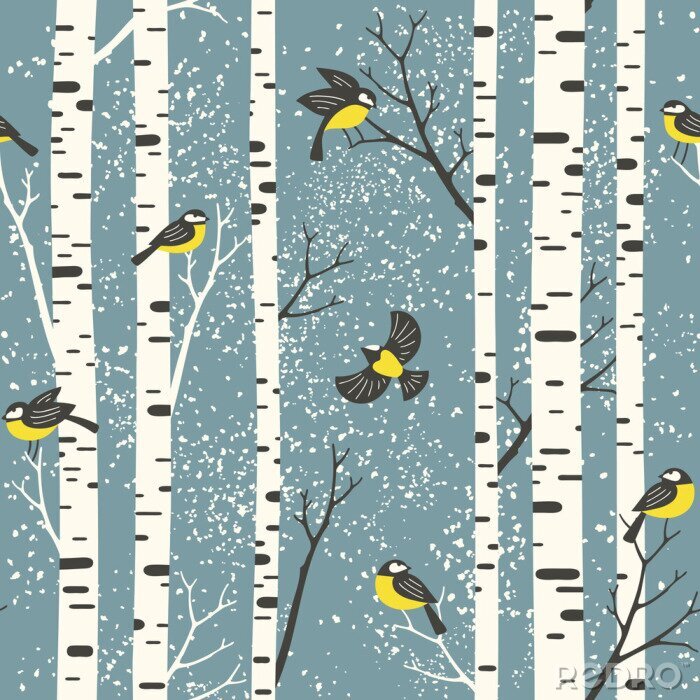 Tapete Snowy-Birkenbäume und -vögel auf hellblauem Hintergrund. Nahtloser Vektor-Muster. Perfekt für Stoff-, Tapeten-, Geschenkpapier- oder Postkarten-Design.