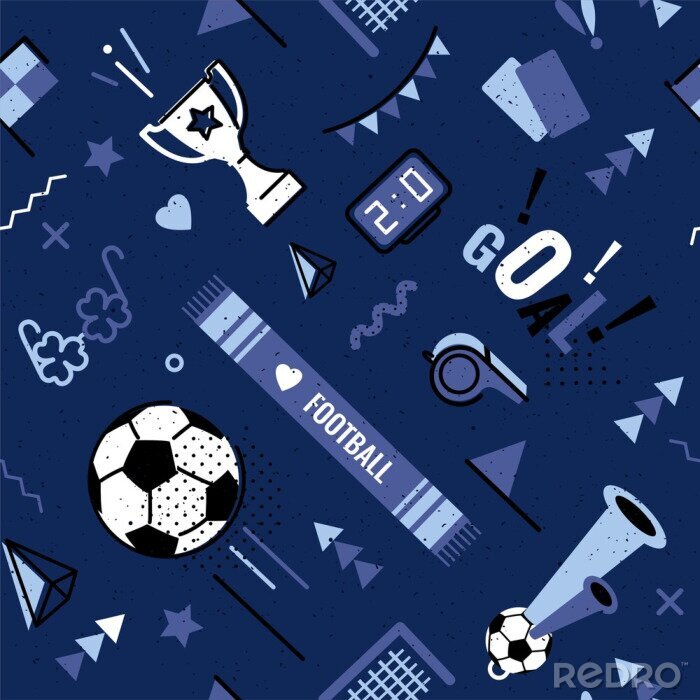 Tapete Soccer/football abstract background in 80s memphis style. Seamless memphis pattern for posers and cards. Vector illustration