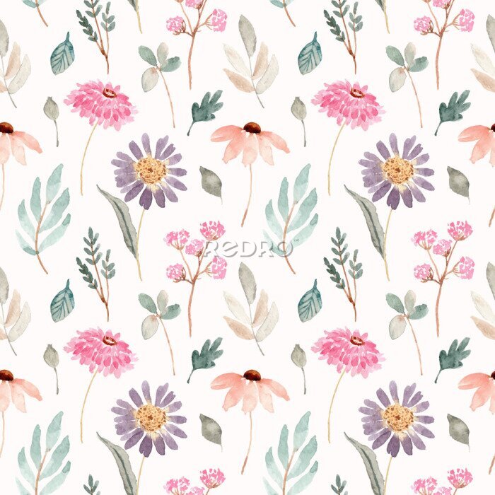 Tapete soft pink purple floral watercolor seamless pattern