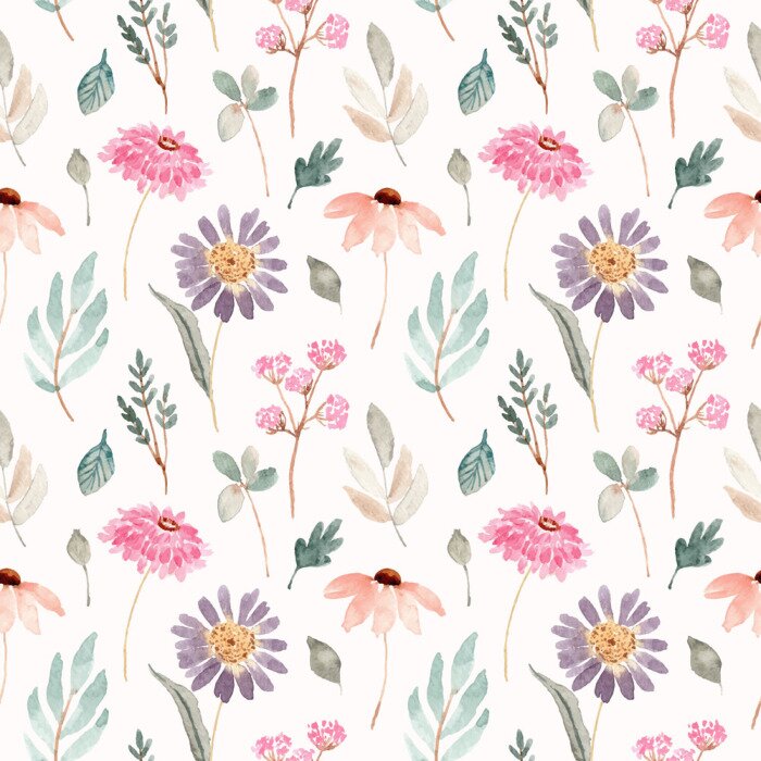 Tapete soft pink purple floral watercolor seamless pattern